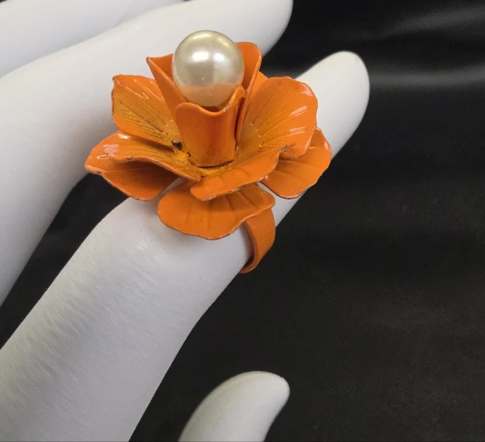 Orange Floral Pearl Center Cocktail Ring - Women Jewelry
